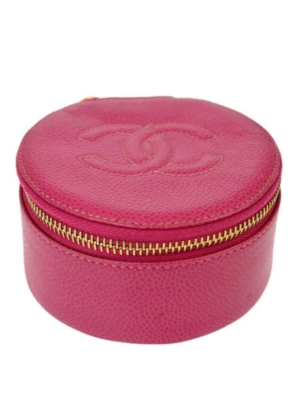 Chanel CC Caviar Round Pouch Jewelry Travel Case Coin Purse Pink